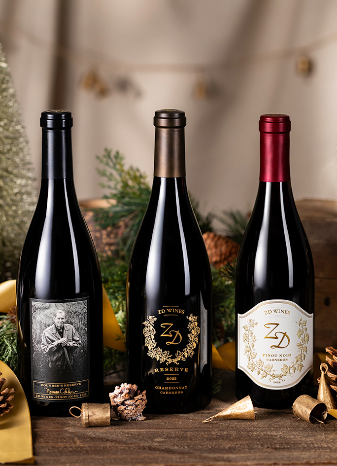 3 of ZD's Carneros wines: 2022 Pinot Noir, 2022 Reserve Chardonnay, and 2022 Founder's Reserve Pinot Noir