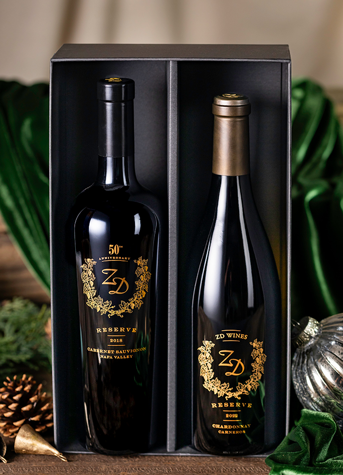 A bottle of ZD 2018 Reserve Cabernet Sauvignon and 2022 Reserve Chardonnay